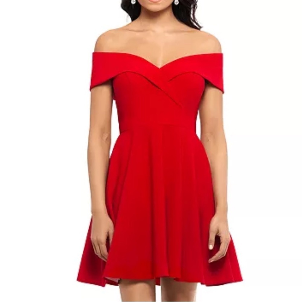 XSCAPE Red Off The Shoulder Fit & Flare Mini‎ Formal Dress Women’s Sz 10